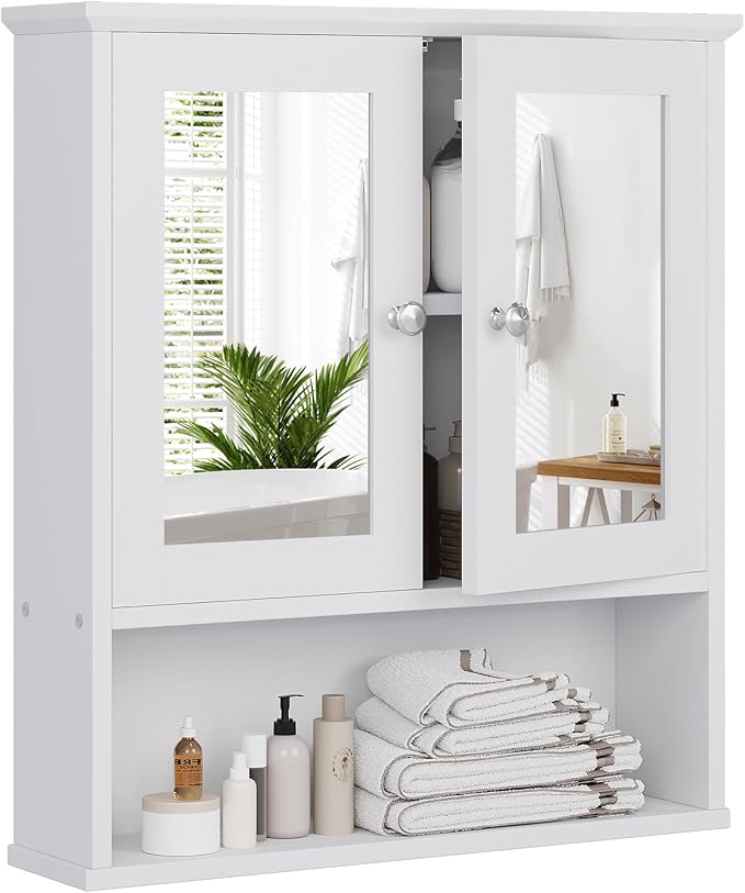 Bathroom Wall Cabinet with Mirror, White Bathroom Mirror Cabinet Wall Mounted, Over Toilet Medicine Cabinets with Adjustable Shelf, White