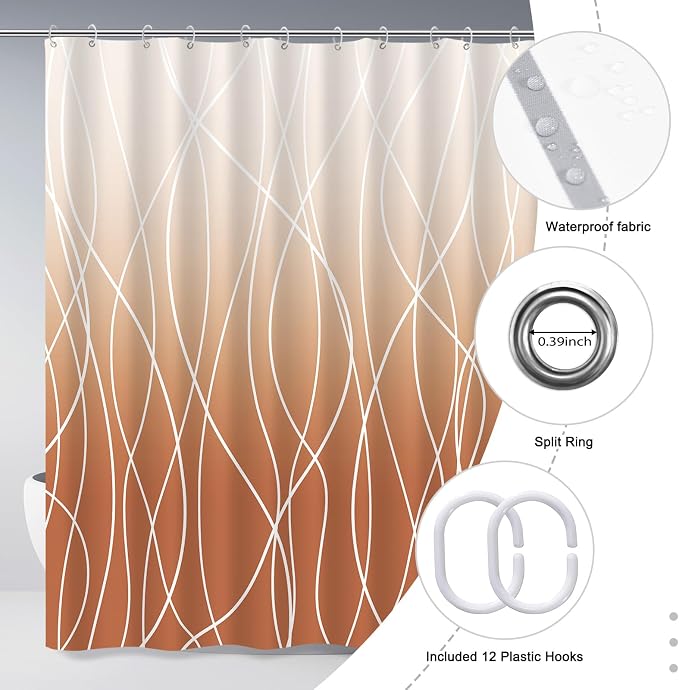 Striped Shower Curtain for Bathroom, Burnt-Orange, 72" W x 72" L | with Hooks, Modern Hotel Style, Water Repellent, Washable, Weighted Hem