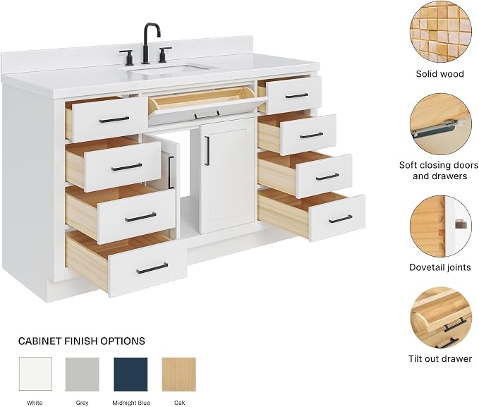 ARIEL Hepburn 60-inch Bathroom Vanity with Sink,Solid Wood, 1.5-inch Carrara White Quartz Countertop & Backsplash, Single Rectangular Porcelain Sink, 2 Soft Closing Doors, 9 Dovetail Drawers, White