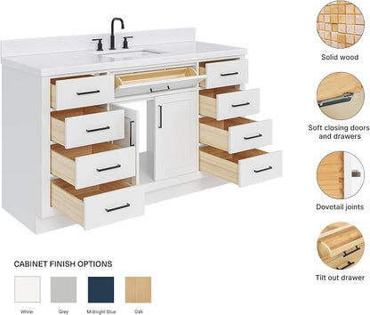 ARIEL Hepburn 60-inch Bathroom Vanity with Sink,Solid Wood, 1.5-inch Carrara White Quartz Countertop & Backsplash, Single Rectangular Porcelain Sink, 2 Soft Closing Doors, 9 Dovetail Drawers, White