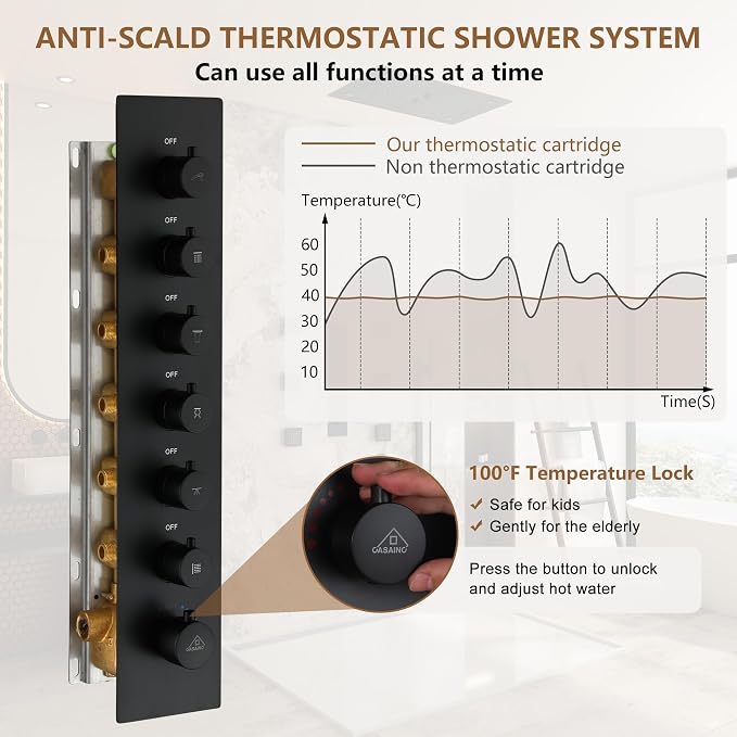 CASAINC 27x16 Inch Thermostatic Shower System Luxury 6 Functions Full Body Shower System with Sliding Rod 2 in 1 Handheld, LED & Music (Matte Black)