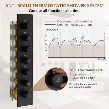 CASAINC 27x16 Inch Thermostatic Shower System Luxury 6 Functions Full Body Shower System with Sliding Rod 2 in 1 Handheld, LED & Music (Matte Black)