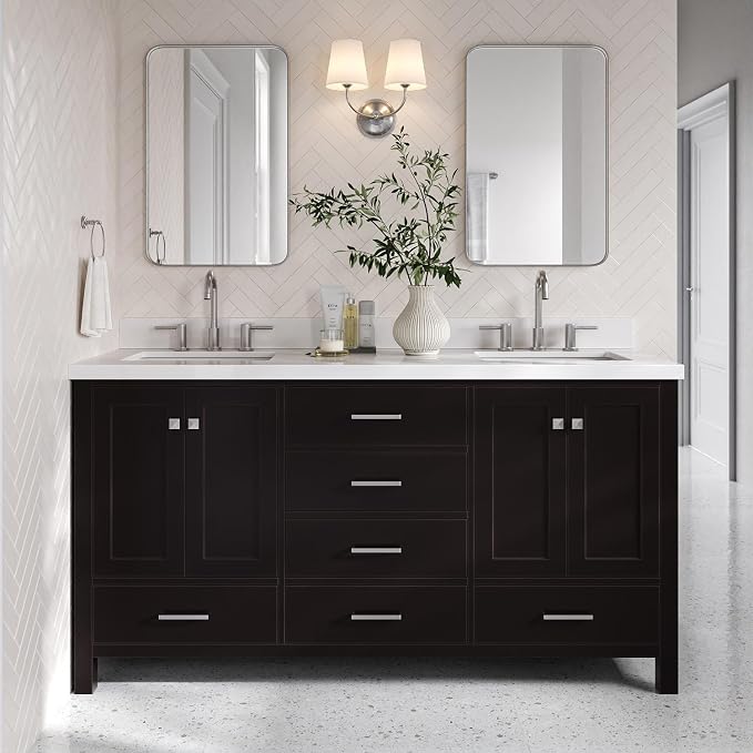 Beckford 66-Inch Espresso Double Bathroom Vanity, 1.5-Inch Edge Pure White Quartz Countertop & Backsplash, 2 Rectangular Undermount Sinks, 4 Soft Closing Doors, 6 Dovetail Drawers, Brushed Nickel