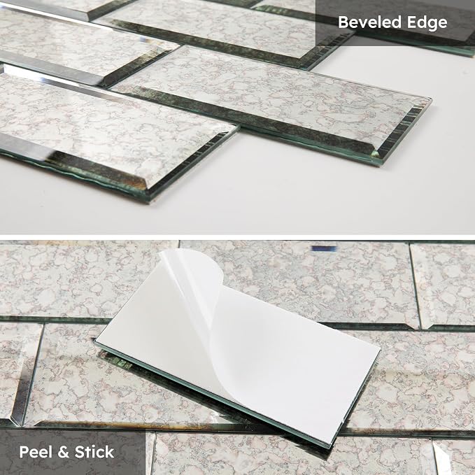 Peel and Stick Mirror Backsplash, Antique, 3x6 Inch, Beveled Mirror Subway Kitchen Bar Wall Tile (5 Sq.ft, 40 Pcs)