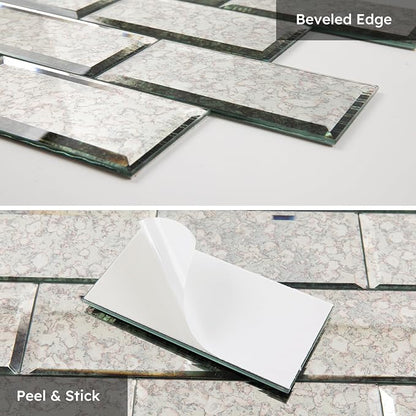 Peel and Stick Mirror Backsplash, Antique, 3x6 Inch, Beveled Mirror Subway Kitchen Bar Wall Tile (5 Sq.ft, 40 Pcs)