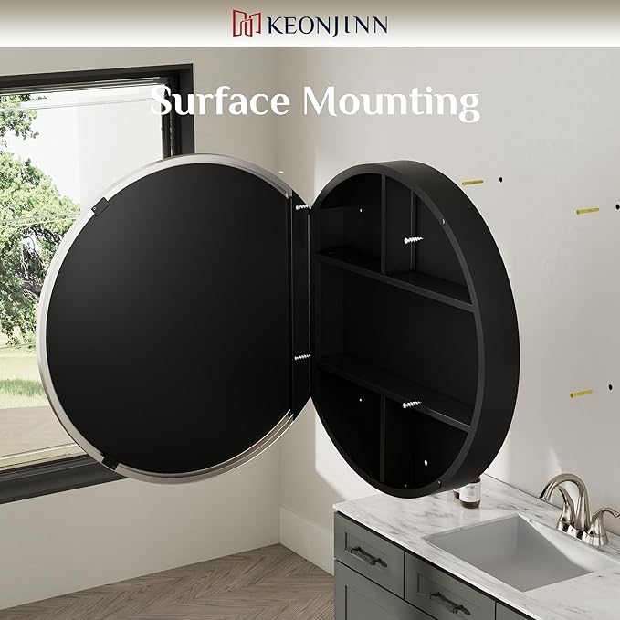 Keonjinn Round Brushed Nickel Medicine Cabinet Mirror for Bathroom, 26 Inch Surface Mount Medicine Cabinet with Mirror, Circular Framed Mirrored Medicine Cabinets, Modern Cabinet with Vanity Mirror