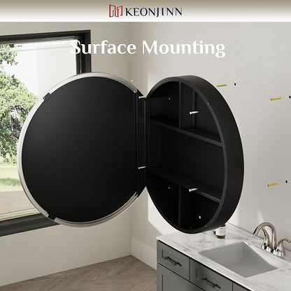 Keonjinn 20 Inch Round Medicine Cabinet with Mirror, Brushed Nickel Surface Mount Medicine Cabinet for Bathroom, Framed Circular Bathroom Cabinet Wall Mounted, Round Vanity Mirror with Storage | Surface Mount, Brushed Nickel Medicine Cabinets Mirror, S...
