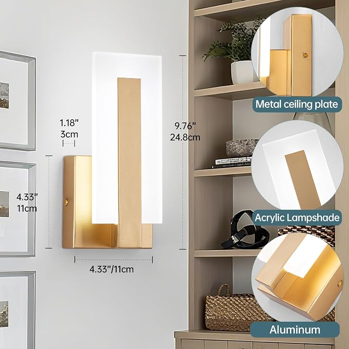 Modern Wall Sconces Set of Two, Indoor Wall Mounted Lighting Fixture, 6000K Cool White Hardwired LED Wall Light, LED Acrylic Gold Wall Sconce for Living Room, Corridor, Bedside