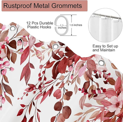 Red Floral Eucalyptus Shower Curtain with Hooks, 72x72 Inch | Waterproof Fabric, Watercolor Leaves and Floral, Botanical Style, Machine Washable, Quick-Drying, for Hotel Bathroom