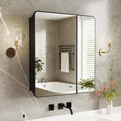 Medicine Cabinet Mirror 30x32 Inch, Black Bathroom Mirror Cabinet with Stepless Adjustable Shelves, Double Doors Metal Framed, Bathroom Mirror with Storage Recessed or Wall Mount