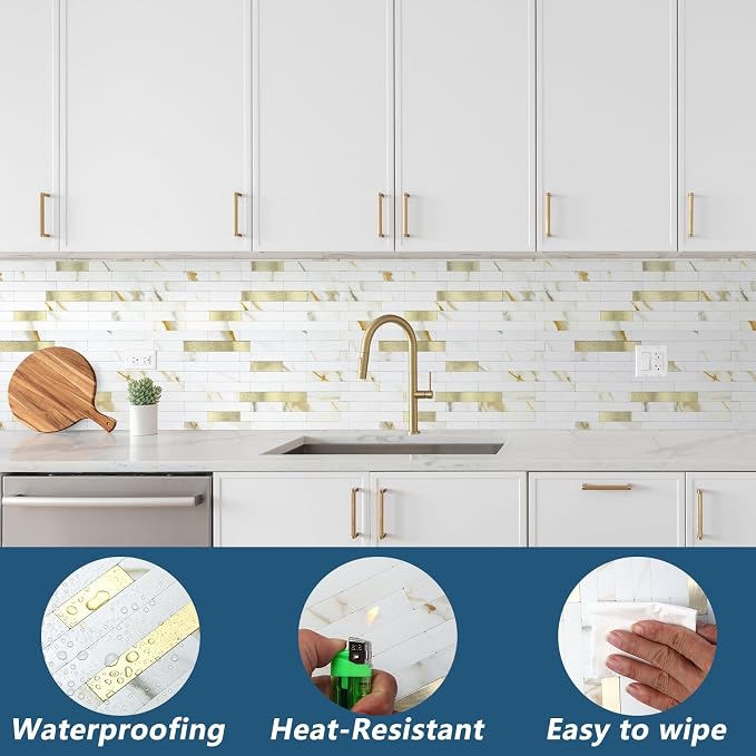 Yipscazo 40 Sheets Peel and Stick Stone Metal Backsplash, PVC Wall Tiles Stick on Tiles for Backsplash Kitchen, Bathroom, Fireplace (6'' X 12'', Calar Golden)