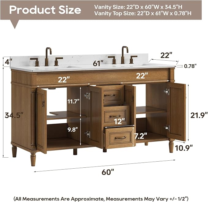 60 Inch Bathroom Vanity with Sink Combo, Classic Cabinet with Countertop & Backsplash, Solid Wood with Soft Closing Doors & Dovetail Drawers, Ceramic Sink, Light Walnut
