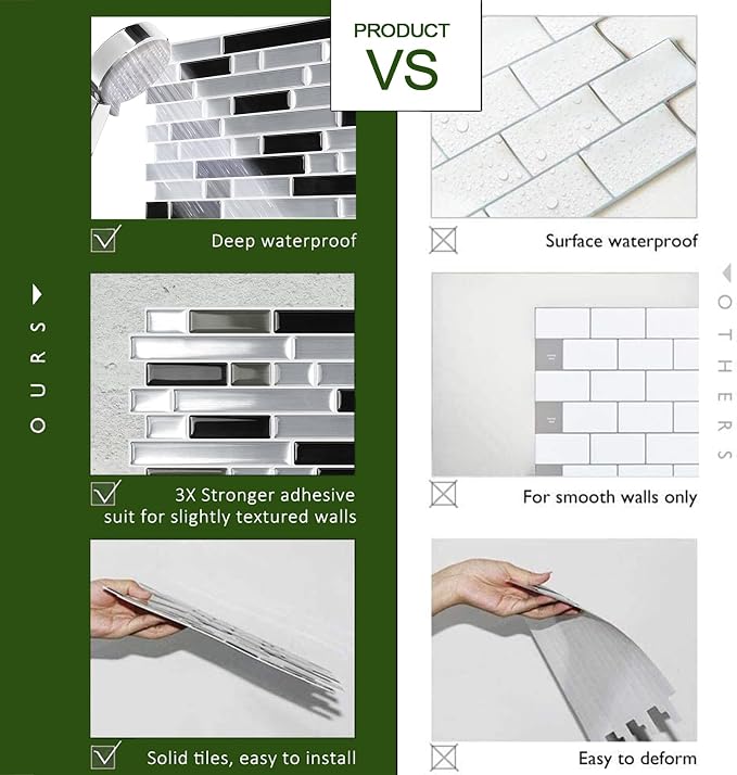 STICKGOO Thicker Peel and Stick Backsplash Tile for Kitchen and Bathroom | 10 Sheets of 12”×12” - 3D Vinyl Self Adhesive Wall Tiles Stick on Backsplash for Kitchen & Bathroom(Silver, Black)