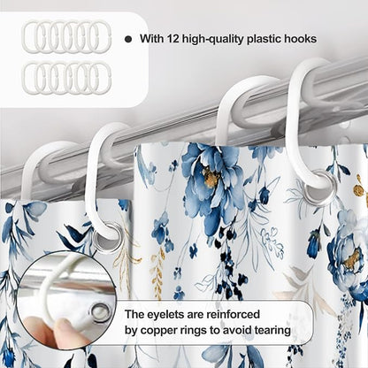 AWERT Blue Plants Shower Curtain with Hooks Watercolor Leaves Shower Curtain for Bathroom Waterproof Bathroom Accessories Bathtub Decor 60x72inch