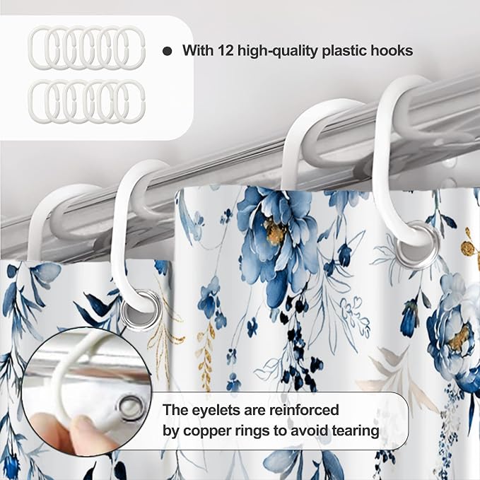AWERT Blue Plants Shower Curtain with Hooks Watercolor Leaves Shower Curtain for Bathroom Waterproof Bathroom Accessories Bathtub Decor 72x84inch