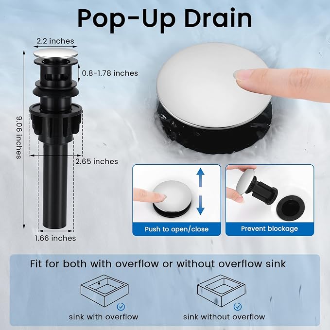 Pull-Down Bathroom Faucet 3 Hole 8 Inch with Pop-Up Drain,Chrome | 360° Swivel Spoutr & Dual Modes,8" Widespread 2-Handle, Pop-Up Drain & 10-Min Install for 3-Hole Bathroom Sink Faucets.