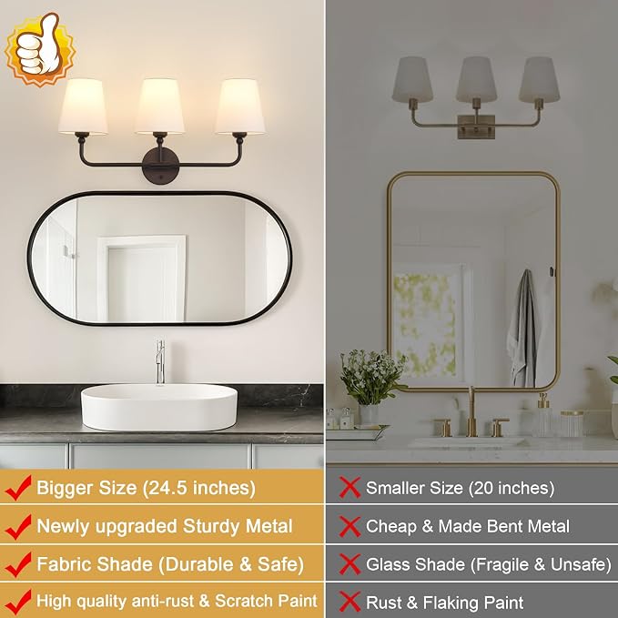 Bathroom Light Fixtures, 3-Light Oil Rubbed Bronze Vanity Lights, 25" Bathroom Lighting Fixtures Over Mirror with White Flared Fabric Shade, Modern Wall Sconces for Bathroom Living Room Hallway