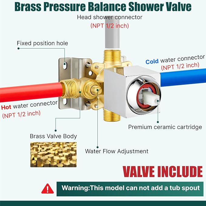 Heyalan 6-Inch Shower Faucet Set with Tub Spout and Valve,Polished Chrome | 6-inch square rainfall head, tub spout with diverter, male-thread rough-in valve, single-handle control and wall-mount design