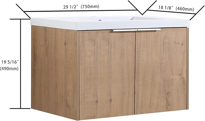 SSLine Wall Mounted Bathroom Vanity with Sink Combo Modern 30-Inch Single Bathroom Vanity Set with Top Basin &Storage Cabinet Wood Hanging Bath Cabinet w/Resin Sink for Small Space(Brown)