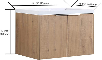 Wall Mount 30 Inch Bathroom Vanity W/Sink Combo for Small Space, Modern Design Vanity Cabinet Gel Basin Countertop, Float Mounting Design Cabinet Set with Soft Close Doors (Oak, 29.5''x18.3''x19.3'')