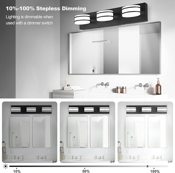 GOODATE 3 Color Temperature Dimmable Bathroom Light Fixtures Over Mirror, LED Black 3 Light Vanity Lighting Fixtures, Acrylic Stainless Steel Oval Shade Vanity Lights for Bathroom, ETL Certificated