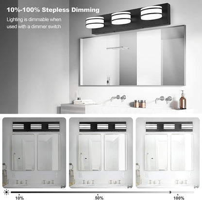 GOODATE 3 Color Temperature Dimmable Bathroom Light Fixtures Over Mirror, LED Black 3 Light Vanity Lighting Fixtures, Acrylic Stainless Steel Oval Shade Vanity Lights for Bathroom, ETL Certificated