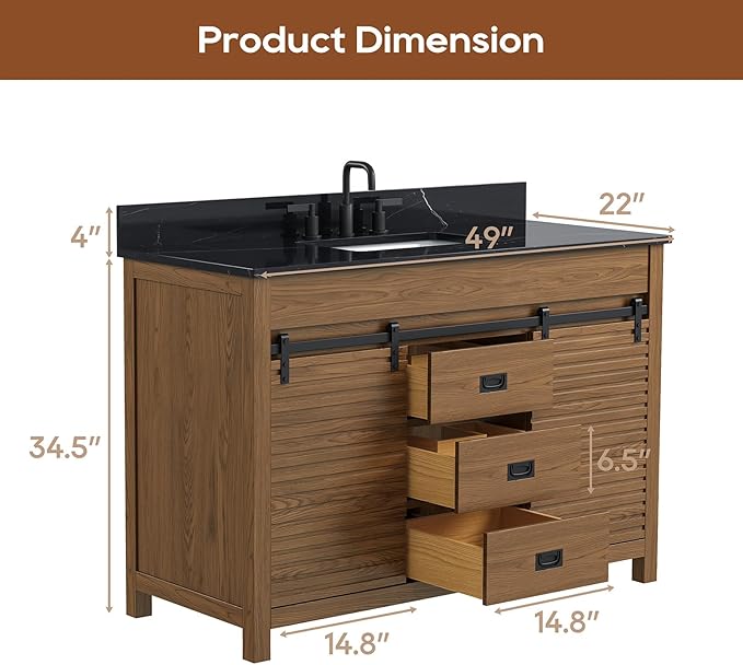 48 Inch Bathroom Vanity with Sink, Farmhouse Solid Wood Frame Vanity with Sink, Sliding Barn Door Bathroom Storage Cabinet with Soft-Closing Dovetail Drawers, Brown Oak