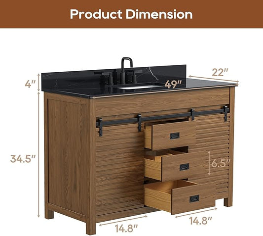 48 Inch Bathroom Vanity with Sink, Farmhouse Solid Wood Frame Vanity with Sink, Sliding Barn Door Bathroom Storage Cabinet with Soft-Closing Dovetail Drawers, Brown Oak