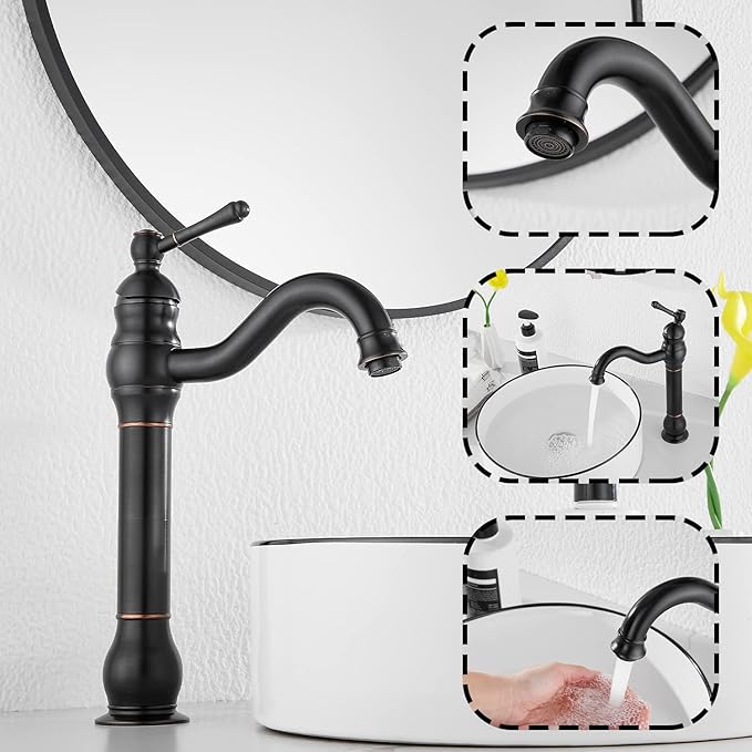 GGStudy 360° Swivel Single Handle One Hole Bathroom Vessel Sink Faucet Matching Pop Up Drain Without Overflow Oil Rubbed Bronze
