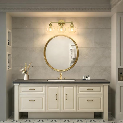 Bathroom Light Fixtures, 3-Light Brushed Gold Vanity Light Globe Glass Shades, Bathroom Lighting Fixtures Over Mirror, Wall Sconces for Master Bathroom, Guest Bathroom, Powder Room, 20-inch