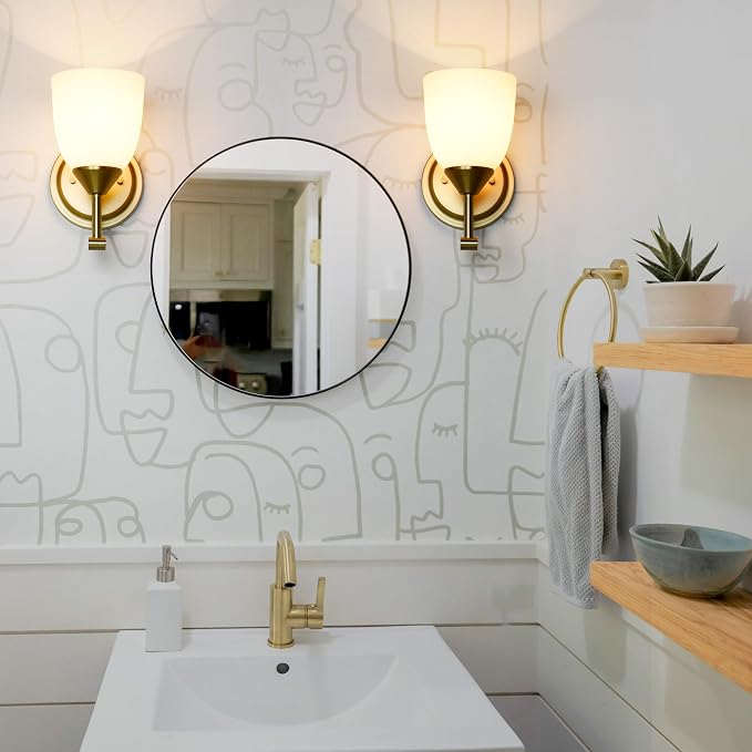 Traditional 1-Light Indoor Gold Wall Sconce with Frosted Glass Bathroom Bedroom Hallway, 9.6" H x 5.5" W, Aged Brass