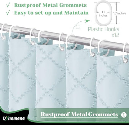 Boho Farmhouse Shower Curtain Tufted Geometric 72"x72" Fog Blue | Elegant Tassel, Soft Lightweight Textured Cloth, Water Repellent, Washable, Hotel Spa, for Bathroom/Dorm/Apartment 12 Hooks