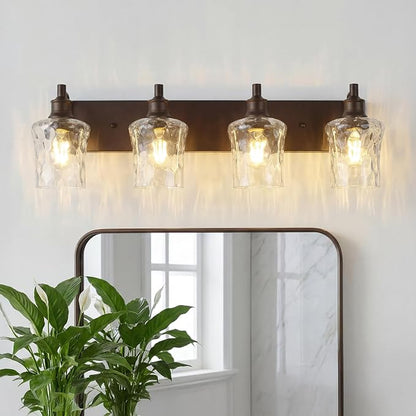 Bathroom Light Fixtures Farmhouse Oil Rubbed Bronze Vanity Lights for Bathroom Lighting Fixtures Over Mirror with Hammered Glass Lampshade for Cabinet Mirror Bedroom Hallway 4 Light