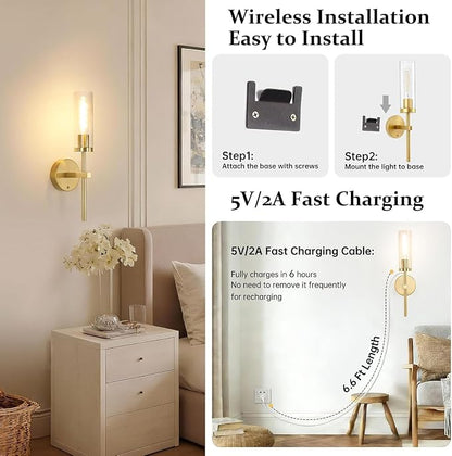 Shenmoyl Battery Operated Wall Sconces Set of 2, Gold Rechargeable Wall Lighting Fixtures, Dimmable Wall Lights with Remote & Clear Glass Shade for Living Room, Bathroom,Bedroom