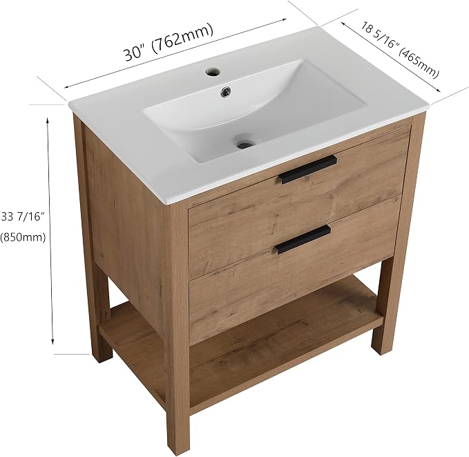 Free Standing Bathroom Vanity with Sink Modern 30" Bathroom Vanity with Top Basin&Storage Drawers Oak Wood Bath Vanity w/White Ceramic Sink for Small Bathroom Powder Room