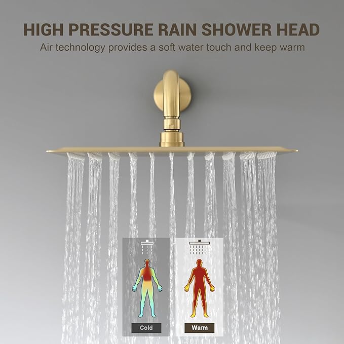Shower Faucet Set - 12 inches Rain Shower System with 6 Function Handheld Shower Head Rough in Pressure Balance Valve Kit - Stainless Steel Bathroom Shower Kit Complete Brushed Gold