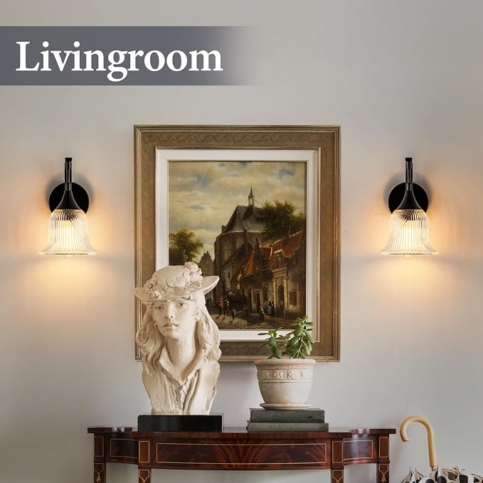 Vintage Black Wall Sconce, 1-Light Modern Wall Lighting Fixture | with 6.6” Textured Glass Shade, Industrial Hardwired Wall Mounted for Dining Living Room Hallway Bedroom Kitchen, E26