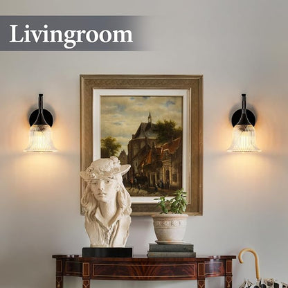 Vintage Black Wall Sconce, 1-Light Modern Wall Lighting Fixture | with 6.6” Textured Glass Shade, Industrial Hardwired Wall Mounted for Dining Living Room Hallway Bedroom Kitchen, E26