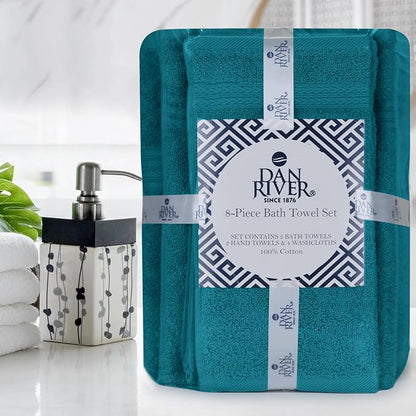DAN RIVER 8 Piece Luxury Bath Towels for Bathroom, Towel Set, Teal | 2 Bath towels, 2 Hand towels, and 4 Wash Cloths, 600 GSM 100% Ring Spun Cotton, Highly Absorbent, Gym, Hotel, guest, and Spa