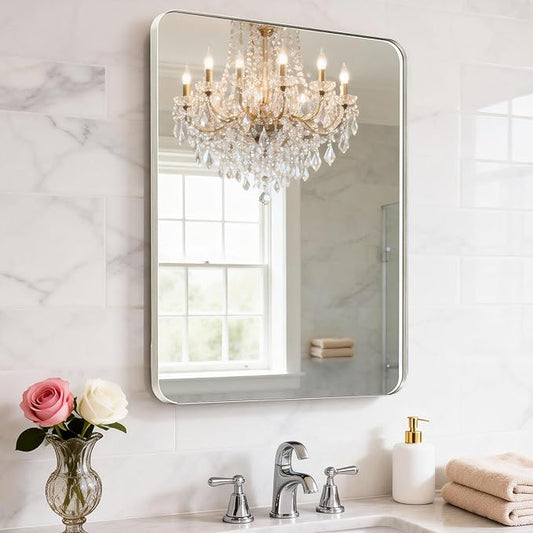 24X32 Inch Brushed Nickel Bathroom Mirror for Wall, Brushed Silver Metal Framed Mirror, Rounded Rectangle Silver Bathroom Mirrors, Tempered Glass, Anti-Rust, Hangs Horizontally or Vertically