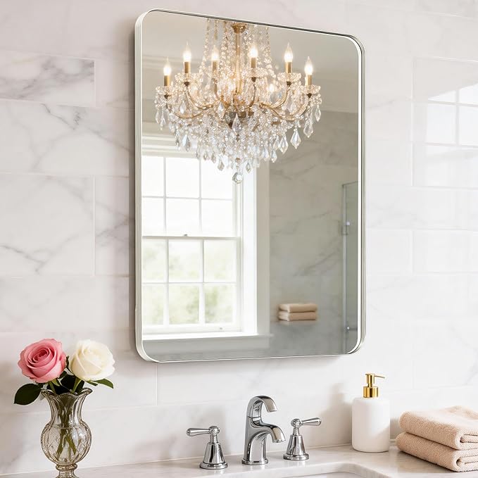 22X32 Inch Brushed Nickel Bathroom Mirror for Wall, Brushed Silver Metal Framed Mirror, Rounded Rectangle Silver Bathroom Mirrors, Tempered Glass, Anti-Rust, Hangs Horizontally or Vertically