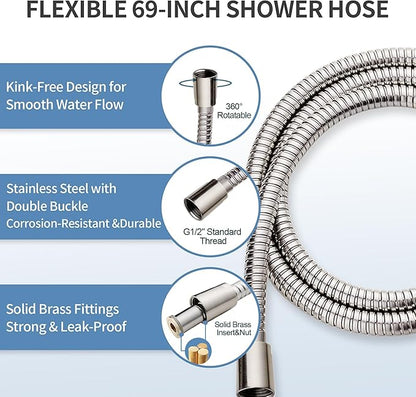 BRIGHT SHOWERS Slide Bar Shower Set with Handheld Shower Head, ADA-Compliant Stainless Steel Grab Bar, Adjustable Height and 69-Inch Hose, Brushed Nickel
