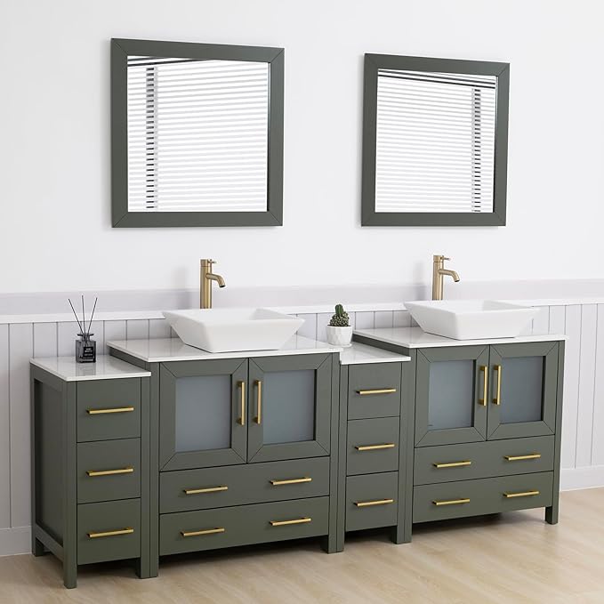 Vanity Art 84 Inch Vessel Double Sink Bathroom Vanity Cabinet with 2 Mirrors, Engineered Marble Top Bathroom Cabinet Compact Set with 10 Dovetail Drawers and Soft Closing Doors, VA3130-84VG