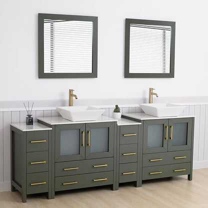 Vanity Art 84 Inch Vessel Double Sink Bathroom Vanity Cabinet with 2 Mirrors, Engineered Marble Top Bathroom Cabinet Compact Set with 10 Dovetail Drawers and Soft Closing Doors, VA3130-84VG