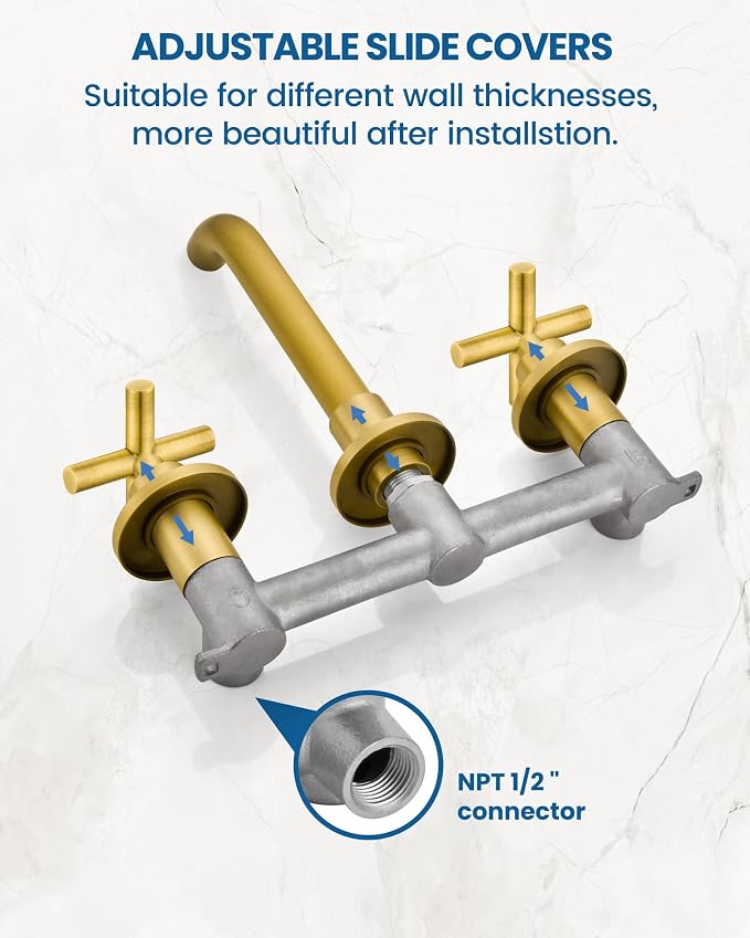 Airuida Solid Brass Antique Brass Wall Mount Bathroom Faucet | 360° Swivel Spout,Rough in Valve,2 Cross Handle,3 Hole,Widespread