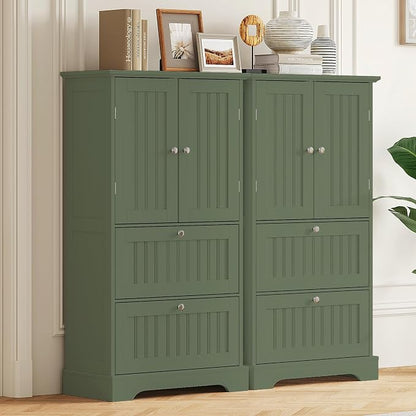 Treocho Bathroom Floor Cabinet with 2 Drawers and Adjustable Shelf | Bathroom Storage Cabinet, Freestanding Cupboard Pantry for Kitchen, Living Room, Dining Room, Green