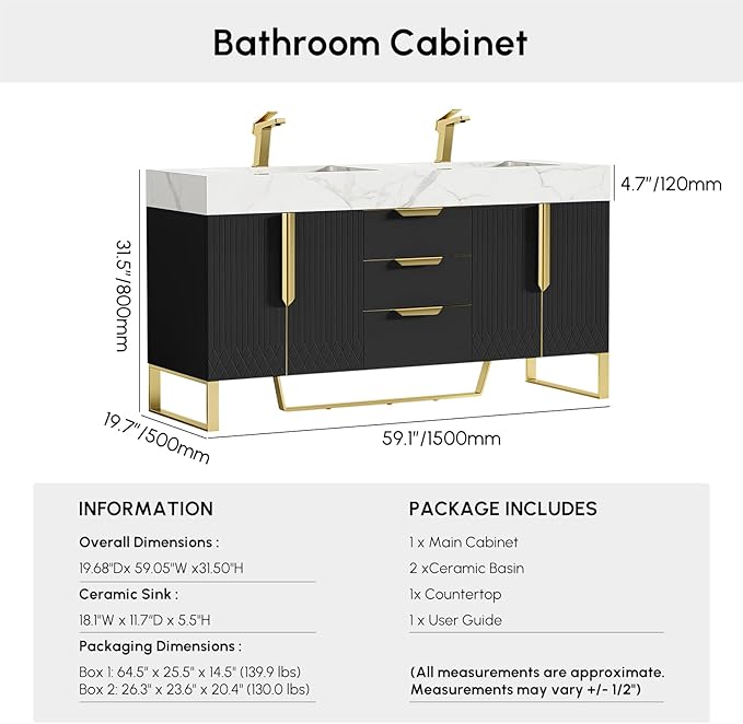 homary 60" Freestanding Bathroom Vanity Set with Double Sink, Modern Bathroom Sink Cabinet Storage Cabinet with Sintered Stone Countertop and Ample Storage, Black
