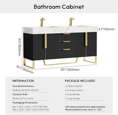 homary 60" Freestanding Bathroom Vanity Set with Double Sink, Modern Bathroom Sink Cabinet Storage Cabinet with Sintered Stone Countertop and Ample Storage, Black