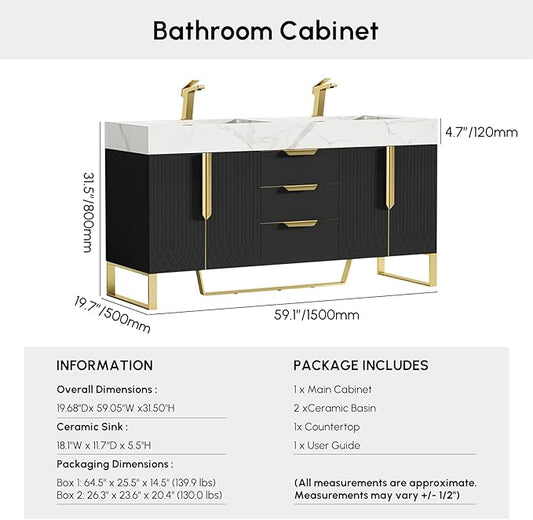 homary 60" Freestanding Bathroom Vanity Set with Double Sink, Modern Bathroom Sink Cabinet Storage Cabinet with Sintered Stone Countertop and Ample Storage, Black