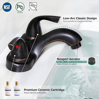 Oil Rubbed Bronze Bathroom Faucet 4 Inch Centerset for Lavatory Sink | Mid Arc, 2 Handle Lead-Free RV Bathroom Faucet with Metal Pop Up Drain Supply Lines, for 2 or 3 Hole Lavatory Utility Sink